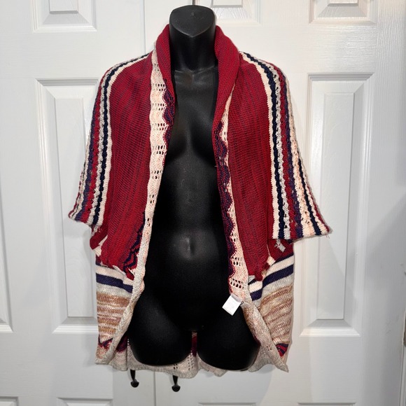 Umgee USA Women's Striped Pointelle Knit Open Front Cardigan Boho Red Multi M/L - Picture 4 of 6